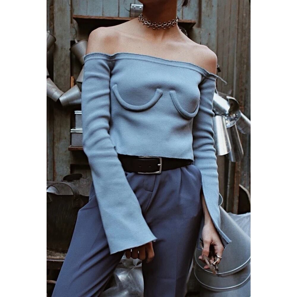 Orseund Iris Bustier Off Shoulder Ribbed Knit Sweater Top Blue M Cotton Blend
